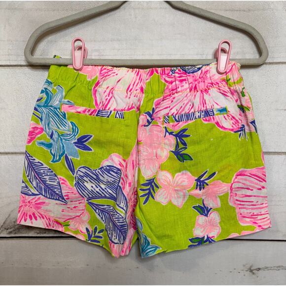 Lilly Pulitzer S Linen Shorts Neon Lime Green Floral Print Stretchy Waist Comfy - Picture 2 of 6